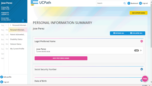 Example of UCPath Personal Information Summary