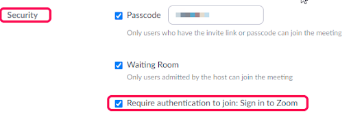 Zoom "Require authentication to join" checkbox